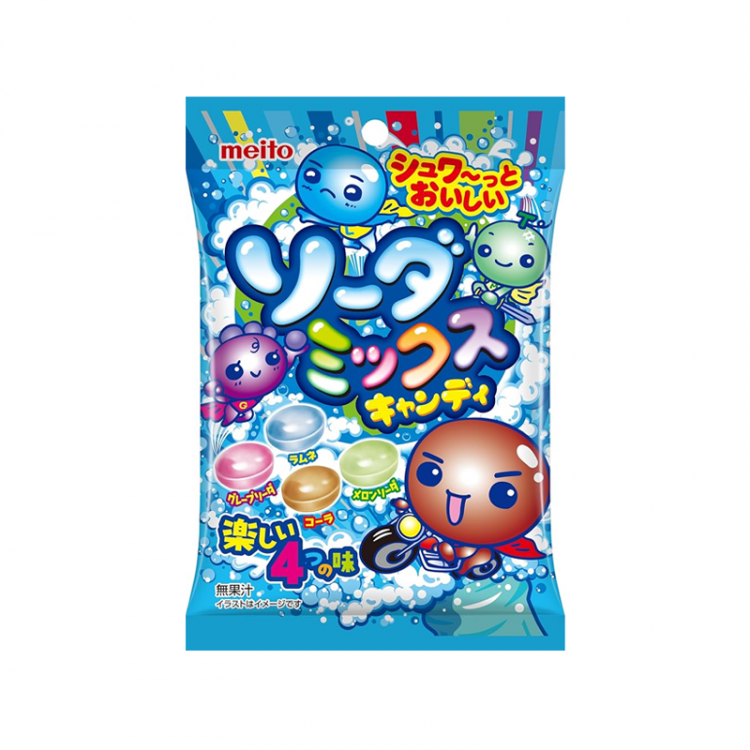 Леденцы со вкусами колы, рамунэ, виноградной содовой, йогурта и дынно-кремовой содовой, MEITO, 56 г